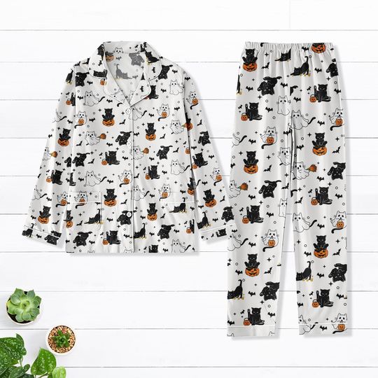 Discover Cat Halloween Pajamas Set, Spooky Matching Pajamas Set, Cute Ghost Pajamas For Her, Cozy Fall Pajama Outfit For Her