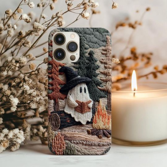 Cozy Witch Ghost Reader Campfire 3D Effect Fall Embroidered Cell Phone Case, Halloween Bookish iPhone Samsung Case, Book Lover, Trendy Cover