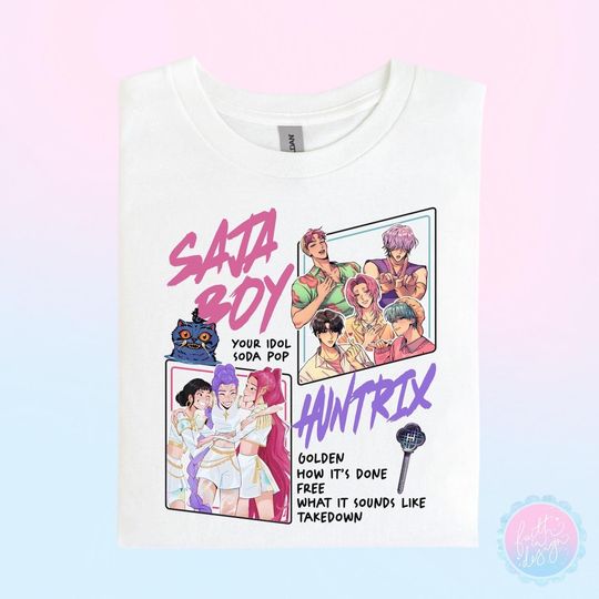 Discover Kpop Demon Hunters T-shirt, Huntrax Saja Boys Track List Music Band Graphic Tee, Idol Anime Comic Book Inspired Girl Pop Group Film Fan Gift