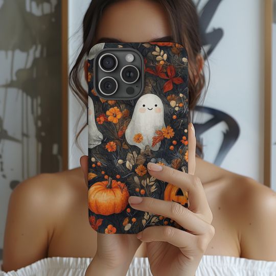 Discover Floral Ghost Halloween Phone Case, Ghost Theme Case, Pumpkin Design, Fall Aesthetic, iPhone 16 15 Pro Max 8 Plus X, Samsung Galaxy S24 Ultra
