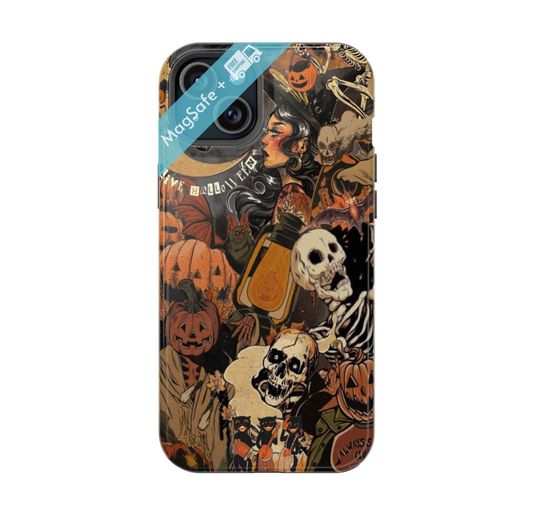 Spooky Magsafe Phone Case Collage Vintage Skeletons Witch Jack o Lantern Halloween Cases Retro Autumn Phone 16 15 14 13 Pro Max Plus Cover