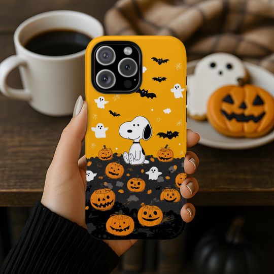 Discover Snoopy Halloween Phone Case, Pumpkins Ghosts & Bats, Cute Fall Orange Black iPhone 17 16 15+ Pro Max Plus Air Pixel 9+ Samsung S25+ Ultra FE