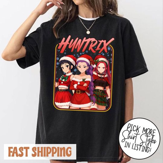 Huntrix Girls And Demon Hunters Tiger Christmas T-Shirt, Cute Derpy Tiger Huntrix Girls Merry Christmas Shirt, Huntrix Group Christmas Shirt