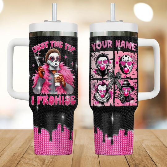 Personalized Halloween Horror Characters 40oz Tumbler with Handle, Slasher Villain Tumbler For Fan, Scary Movie Drinkware Tumbler, Spooky Tumbler