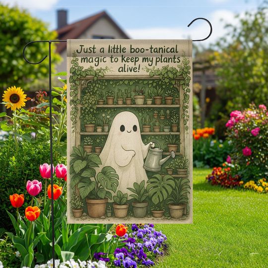 Discover Just a Little Bootanical Magic Ghost Garden Flag | Halloween Plant Lover Decor