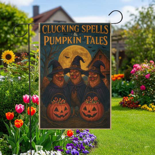Discover Halloween Garden Flag: Witch Chickens, Pumpkins, Polyester, 12x18/28x40