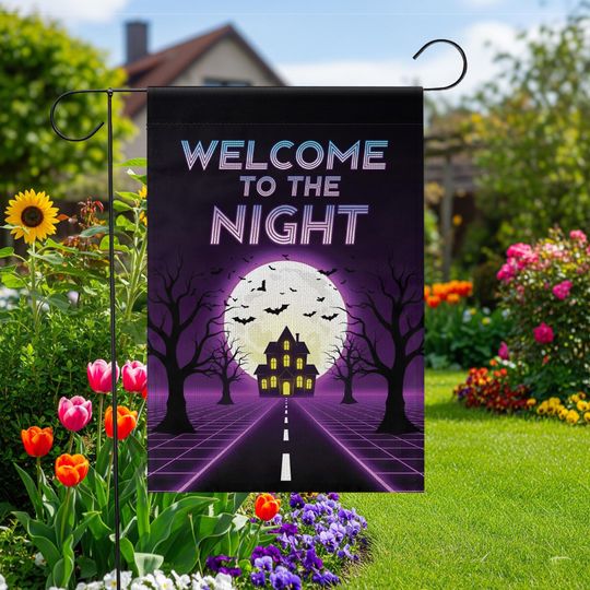 Discover Halloween Garden Banner: Spooky Haunted House, Retro Neon Decor