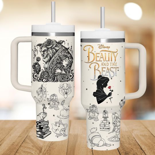 Beauty And The Beast 40oz Tumbler with Handle, Belle And Beast Tumbler For Her, Disney Princess Drinkware Tumbler Cup
