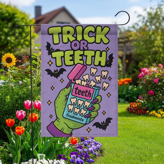 Discover Trick or Teeth Halloween Garden Flag | Funny Green Hand, Candy Teeth & Bats Outdoor Decor