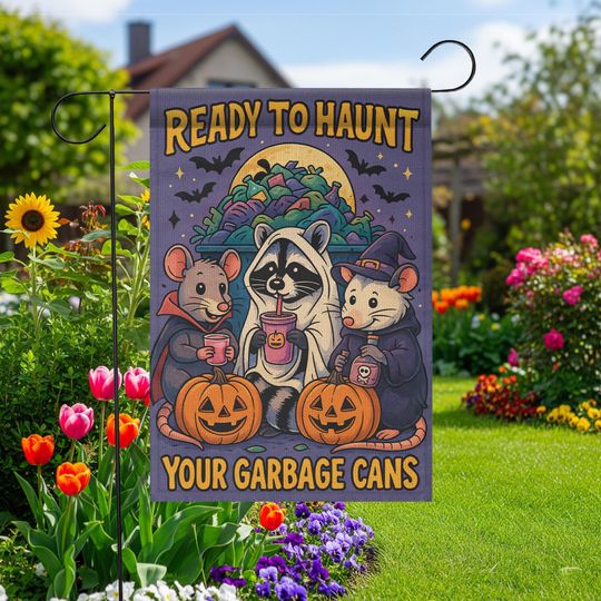 Discover Halloween Garden Flag: Raccoons, Pumpkins, Trick-or-Treat Outdoor Decor