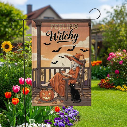 Discover Feeling Witchy Halloween Witch Garden Flag  Witchy Porch Decor with Black Cat and Bats