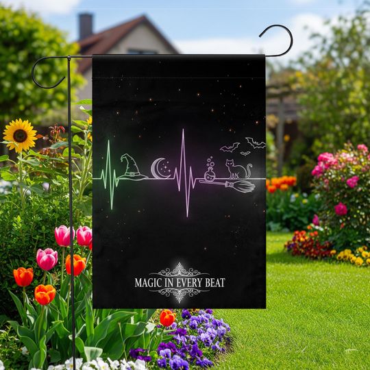 Discover Halloween Garden Flag: Witch Heartbeat, Black Cat & Broomstick Decor