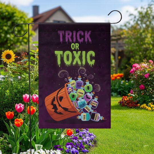 Discover Trick or Toxic Halloween Garden Flag, Spooky Pumpkin Poison Bottle Yard Decor, Funny Outdoor Fall Decoration
