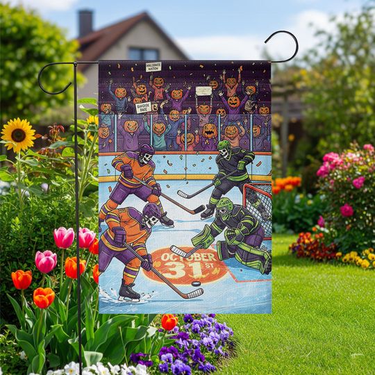 Halloween Hockey Skeleton Garden Flag: Spooky Ice Rink Decor