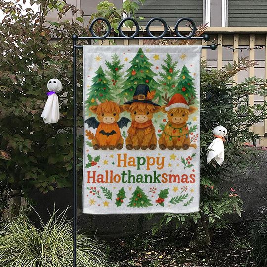 Garden Flag  Highland Cow HalloThanksMas with Holiday Trees Outdoor Decoration