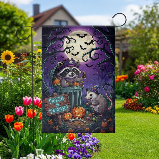 Funny Raccoon & Opossum Halloween Garden Flag  Trick or Trash Yard Decor for Fall