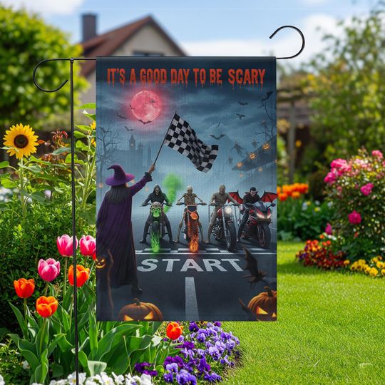 Discover Halloween Biker Garden Flag: Scary Monster, Witch & Bat Scene