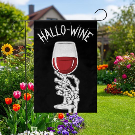 Discover Funny Skeleton Hallo-Wine Garden Flag: Spooky Halloween Decor