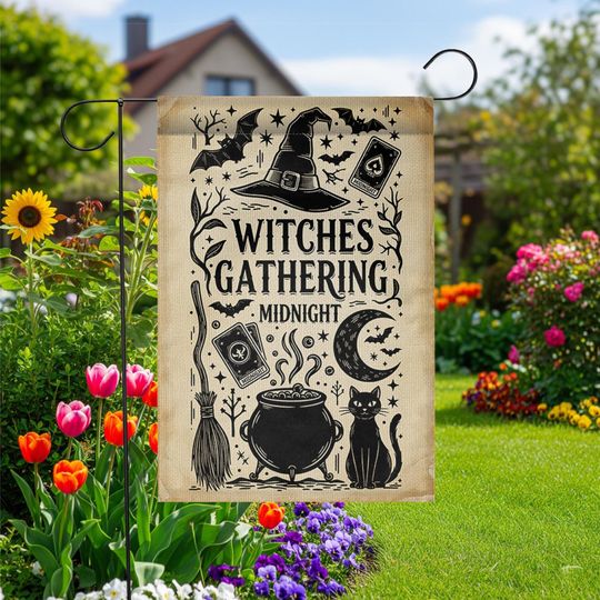 Witches Gathering Garden Flag  Midnight Witch Decor  Black Cat Cauldron Yard Sign Halloween