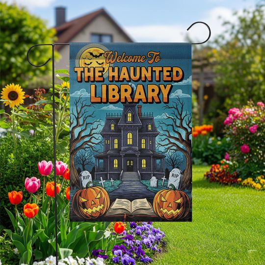 Discover Haunted Library Garden Flag - Halloween Book Lover Yard Decor - Spooky House Outdoor Sign