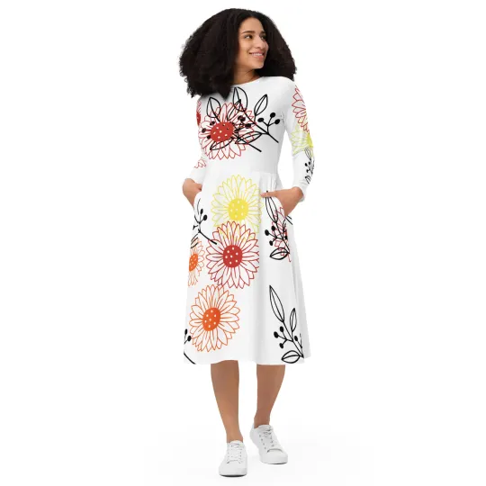 Discover All-Over Print Long Sleeve Midi Dress for Women