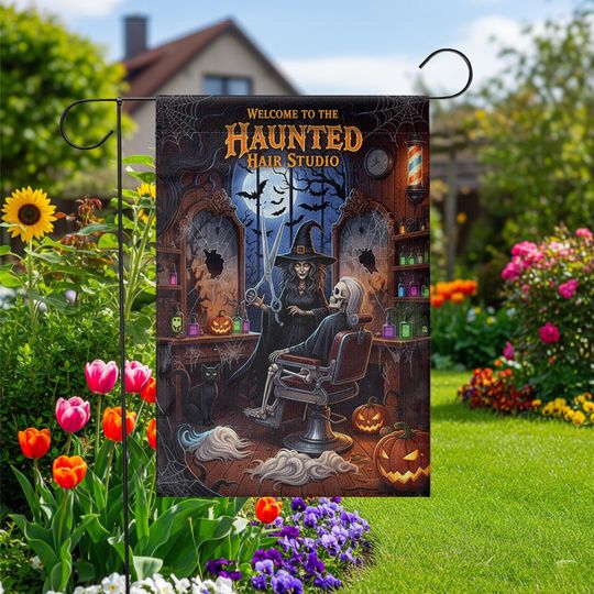 Discover Haunted Hair Studio Garden Flag: Funny Halloween Witch Decor
