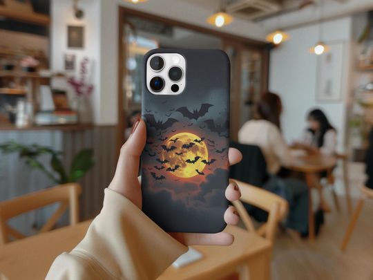 Discover Halloween Phone Case: Bats and Moon Spooky Design, Matte or Glossy