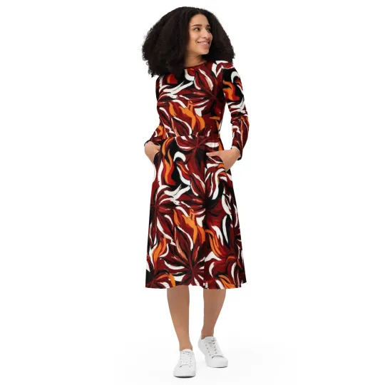 Discover All-Over Print Long Sleeve Midi Dress for Women