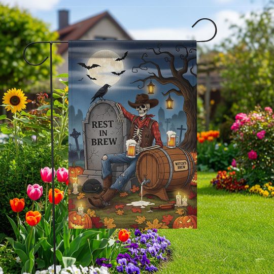 Discover Skeleton Cowboy Halloween Garden Flag: Rest In Brew Beer Decor