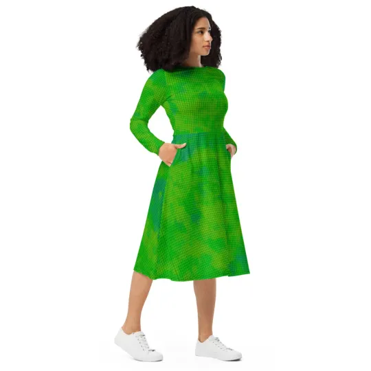 Discover Green All-Over Print Long Sleeve Midi Dress