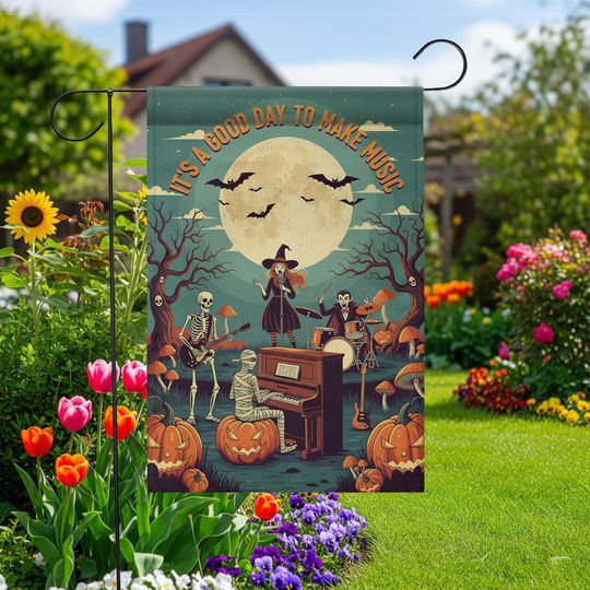 Halloween Music Garden Flag: Spooky Skeletons, Witch & Mummy - Fall Porch Decor