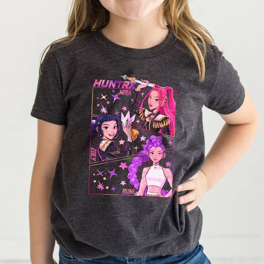 Discover Huntrix T Shirt, Demon Hunters Shirt, Huntrix Girls T Shirt Mira Rumi Joey Shirt Demon Hunter Kids Shirt, Gift For Kpop Fan Kpop Movie Shirt