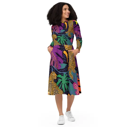 All-Over Print Long Sleeve Midi Dress