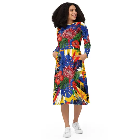 Discover All-Over Print Long Sleeve Midi Dress