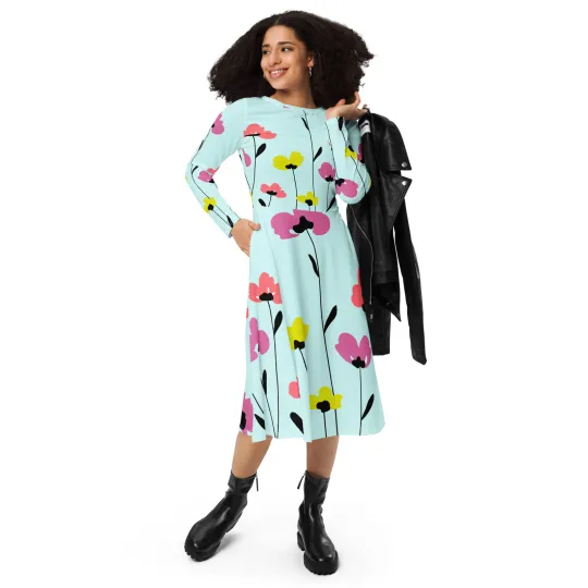 All-Over Print Long Sleeve Midi Dress for Women