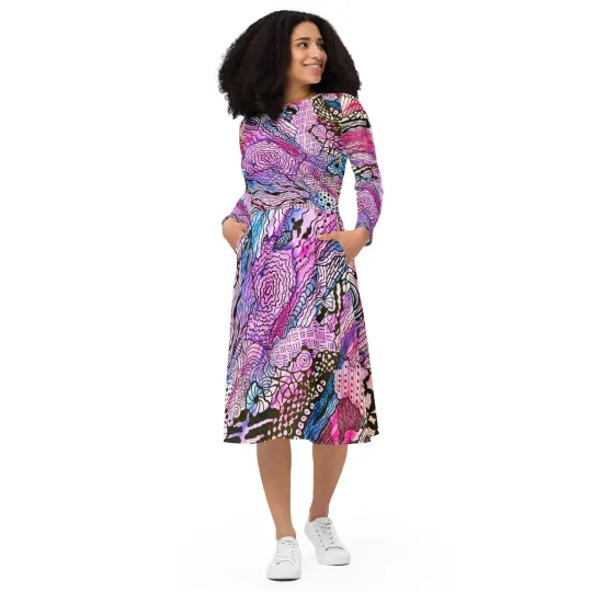 Discover All-Over Print Long Sleeve Midi Dress