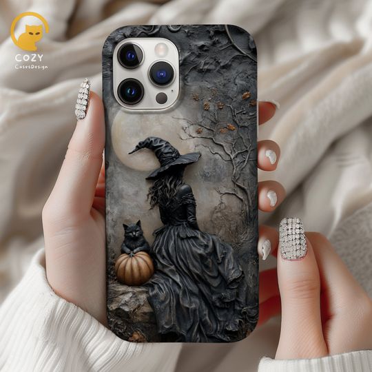 Discover Gothic Witch Phone Case: Dark Fantasy Black Cat & Pumpkin Cover
