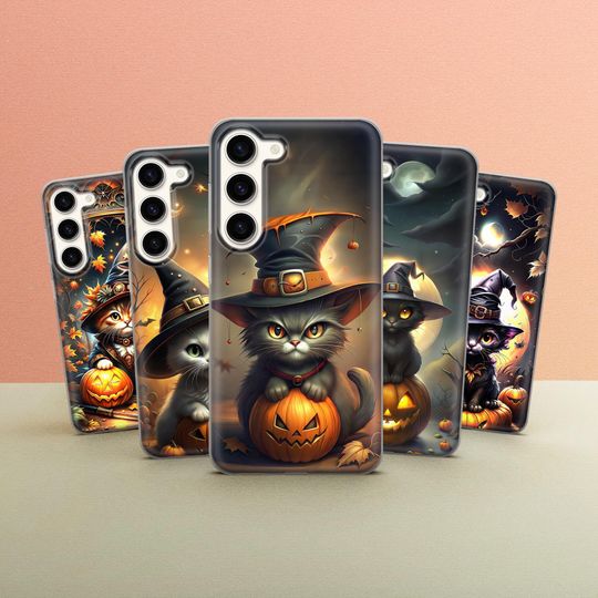 Discover Spooky Cat Witch Halloween Phone Case: Occult Art Cover for iPhone, Samsung Galaxy & Pixel
