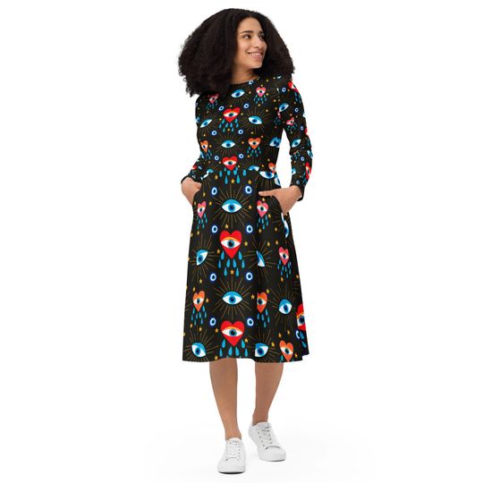 Sweet Evil Eye Black All-Over Print Long Sleeve Midi Dress