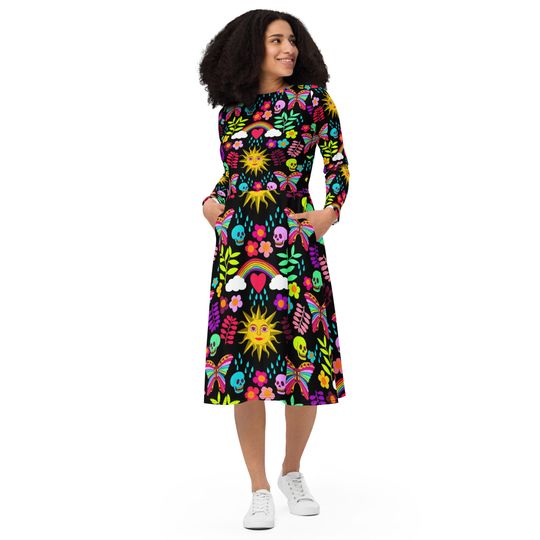 Sweet Spring Garden All-Over Print Long Sleeve Midi Dress