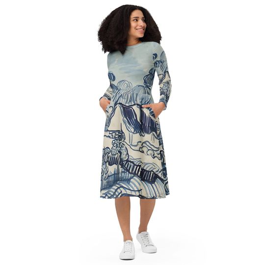 Discover Van Gogh All-Over Print Long Sleeve Midi Dress