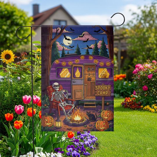 Discover Spooky Camp Halloween Garden Flag  Skeleton Camper Firepit Yard Decor  Fall Camping Outdoor Sign