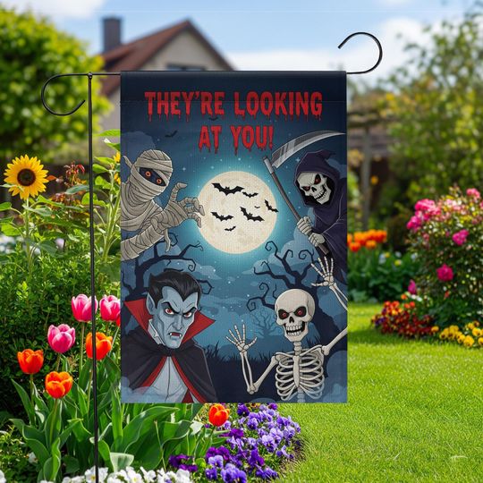 Discover Halloween Garden Flag with Vampire Skeleton Grim Reaper Mummy | Spooky Outdoor Yard Decor