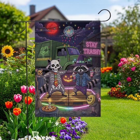 Stay Trashy Halloween Garden Flag: Raccoon Skeleton Witch Party Decor