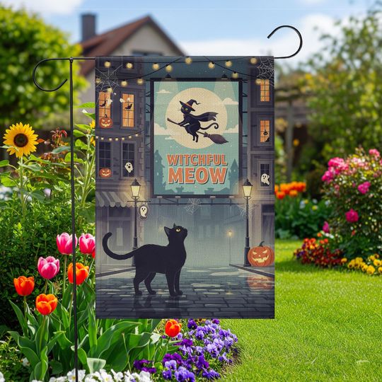 Discover Halloween Black Cat Garden Flag: Witchful Meow Spooky Decor