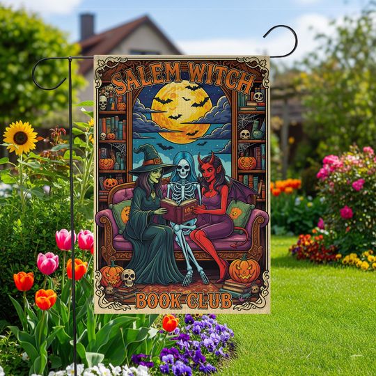 Salem Witch Book Club Garden Flag: Gothic Halloween Decor, Spooky Skeleton Banner