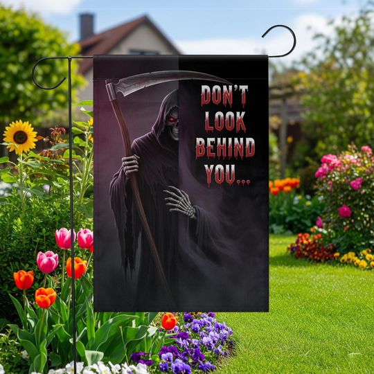 Discover Grim Reaper Halloween Garden Flag: Scary Skeleton Scythe Yard Decor