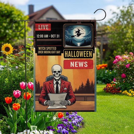 Discover Halloween News Garden Flag: Skeleton Anchor, Funny Witch Banner
