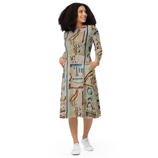 Vintage All-Over Print Long Sleeve Midi Dress