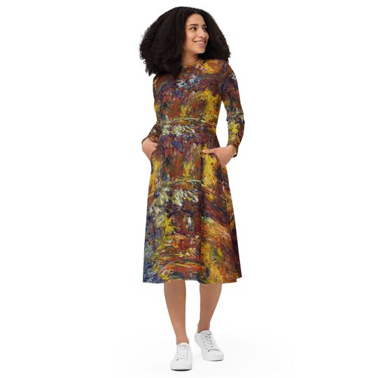 Discover Claude Monet The Japanese Footbridge Dress - All-Over Print Long Sleeve Midi Dress